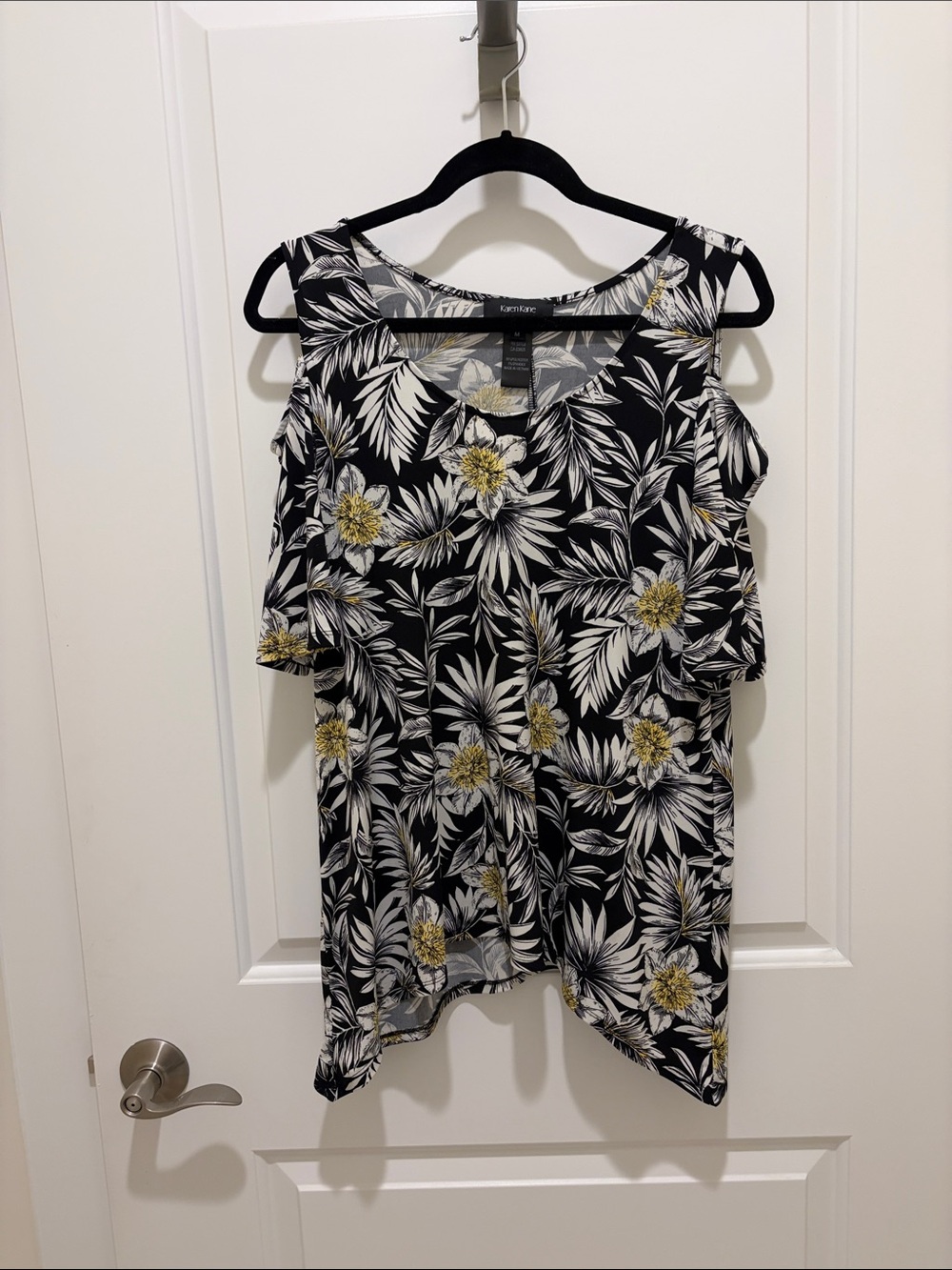 Karen Kane Black Floral Cold-Shoulder Blouse with Yellow Accents
